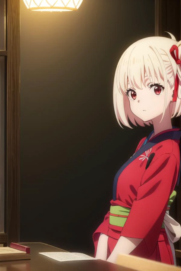 chisatonishikigi, <lyco:chisatonishikigis1-lyco-nochekaiser:1>, 
chisato nishikigi, short hair, bangs, blonde hair, (red eyes:1.5), hair ribbon, one side up, bob cut,
BREAK japanese clothes, kimono, apron, red ribbon, waitress, red kimono,
BREAK indoors, cafe, restaurant,
BREAK looking at viewer, (cowboy shot:1.5),
BREAK <lyco:GoodHands-beta2:1>, (masterpiece:1.2), best quality, high resolution, unity 8k wallpaper, (illustration:0.8), (beautiful detailed eyes:1.6), extremely detailed face, perfect lighting, extremely detailed CG, (perfect hands, perfect anatomy),