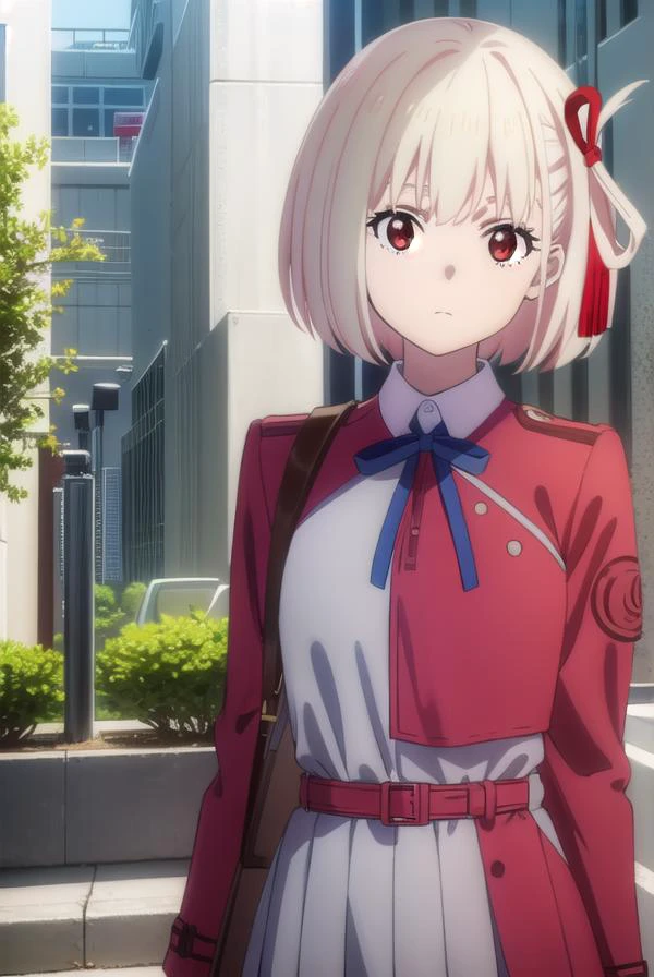 chisatonishikigi, <lyco:chisatonishikigis1-lyco-nochekaiser:1>,
chisato nishikigi, short hair, bangs, blonde hair, (red eyes:1.5), hair ribbon, one side up, bob cut,
BREAK shirt, long sleeves, dress, ribbon, white shirt, collared shirt, belt, neck ribbon, red dress, blue ribbon, pleated dress, grey dress, two-tone dress, red belt, lycoris uniform,
BREAK outdoors, city,
BREAK looking at viewer, (cowboy shot:1.5),
BREAK <lyco:GoodHands-beta2:1>, (masterpiece:1.2), best quality, high resolution, unity 8k wallpaper, (illustration:0.8), (beautiful detailed eyes:1.6), extremely detailed face, perfect lighting, extremely detailed CG, (perfect hands, perfect anatomy),
