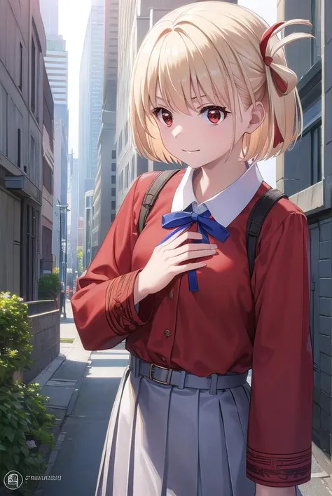 chisatonishikigi, <lyco:chisatonishikigi-lyco-nochekaiser:1>, 
nishikigi chisato, short hair, bangs, blonde hair, (red eyes:1.5), hair ribbon, one side up, bob cut, <lora:talkmouth_I_v100:1>,
BREAK shirt, long sleeves, dress, ribbon, white shirt, collared shirt, belt, neck ribbon, red dress, blue ribbon, pleated dress, grey dress, two-tone dress, red belt, lycoris uniform,
BREAK outdoors, city,
BREAK looking at viewer, (cowboy shot:1.5),
BREAK <lyco:GoodHands-beta2:1>, (masterpiece:1.2), best quality, high resolution, unity 8k wallpaper, (illustration:0.8), (beautiful detailed eyes:1.6), extremely detailed face, perfect lighting, extremely detailed CG, (perfect hands, perfect anatomy),