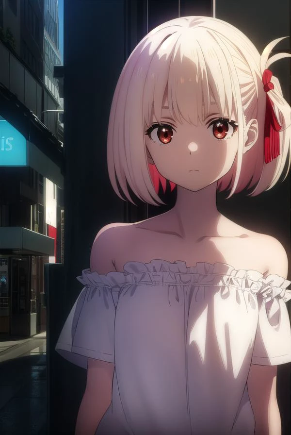 chisatonishikigi, <lyco:chisatonishikigis1-lyco-nochekaiser:1>,
chisato nishikigi, short hair, bangs, blonde hair, (red eyes:1.5), hair ribbon, one side up, bob cut,
BREAK shirt, bare shoulders, twintails, collarbone, hair ribbon, white shirt, frills, off shoulder, red ribbon, short twintails, off-shoulder shirt, frilled shirt,
BREAK outdoors, city,
BREAK looking at viewer, (cowboy shot:1.5),
BREAK <lyco:GoodHands-beta2:1>, (masterpiece:1.2), best quality, high resolution, unity 8k wallpaper, (illustration:0.8), (beautiful detailed eyes:1.6), extremely detailed face, perfect lighting, extremely detailed CG, (perfect hands, perfect anatomy),