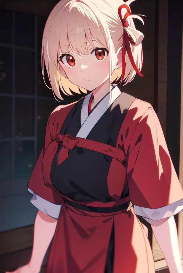 chisatonishikigi, <lyco:chisatonishikigi-LYCORIStest:1>,
nishikigi chisato, short hair, bangs, blonde hair, (red eyes:1.5), hair ribbon, one side up, bob cut,
BREAK japanese clothes, kimono, apron, red ribbon, waitress, red kimono,
BREAK indoors,
BREAK looking at viewer, BREAK <lora:GoodHands-vanilla:1>, (masterpiece:1.2), best quality, high resolution, unity 8k wallpaper, (illustration:0.8), (beautiful detailed eyes:1.6), extremely detailed face, perfect lighting, extremely detailed CG, (perfect hands, perfect anatomy),
