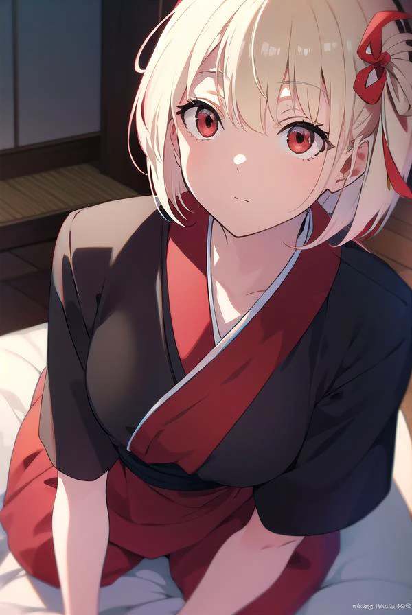 chisatonishikigi, <lyco:chisatonishikigi-LYCORIStest:1>,
nishikigi chisato, short hair, bangs, blonde hair, (red eyes:1.5), hair ribbon, one side up, bob cut,
BREAK japanese clothes, kimono, apron, red ribbon, waitress, red kimono,
BREAK indoors,
BREAK looking at viewer, BREAK <lora:GoodHands-vanilla:1>, (masterpiece:1.2), best quality, high resolution, unity 8k wallpaper, (illustration:0.8), (beautiful detailed eyes:1.6), extremely detailed face, perfect lighting, extremely detailed CG, (perfect hands, perfect anatomy),