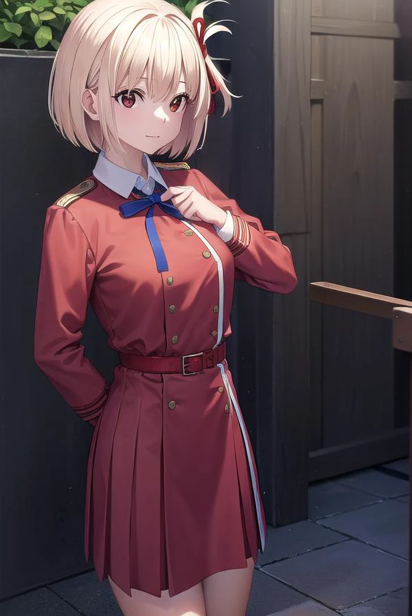 chisatonishikigi, <lyco:chisatonishikigi-lyco-nochekaiser:1>,
nishikigi chisato, short hair, bangs, blonde hair, (red eyes:1.5), hair ribbon, one side up, bob cut, <lora:talkmouth_I_v100:1>,
BREAK shirt, long sleeves, dress, ribbon, white shirt, collared shirt, belt, neck ribbon, red dress, blue ribbon, pleated dress, grey dress, two-tone dress, red belt, lycoris uniform,
BREAK outdoors, city,
BREAK looking at viewer, (cowboy shot:1.5),
BREAK <lyco:GoodHands-beta2:1>, (masterpiece:1.2), best quality, high resolution, unity 8k wallpaper, (illustration:0.8), (beautiful detailed eyes:1.6), extremely detailed face, perfect lighting, extremely detailed CG, (perfect hands, perfect anatomy),