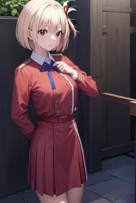 chisatonishikigi, <lyco:chisatonishikigi-lyco-nochekaiser:1>, 
nishikigi chisato, short hair, bangs, blonde hair, (red eyes:1.5), hair ribbon, one side up, bob cut, <lora:talkmouth_I_v100:1>,
BREAK shirt, long sleeves, dress, ribbon, white shirt, collared shirt, belt, neck ribbon, red dress, blue ribbon, pleated dress, grey dress, two-tone dress, red belt, lycoris uniform,
BREAK outdoors, city,
BREAK looking at viewer, (cowboy shot:1.5),
BREAK <lyco:GoodHands-beta2:1>, (masterpiece:1.2), best quality, high resolution, unity 8k wallpaper, (illustration:0.8), (beautiful detailed eyes:1.6), extremely detailed face, perfect lighting, extremely detailed CG, (perfect hands, perfect anatomy),