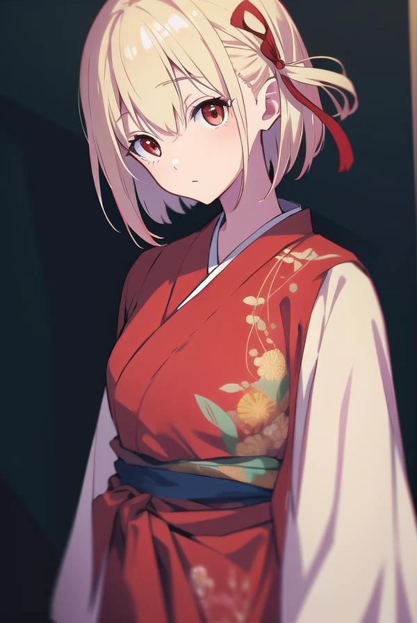 chisatonishikigi, <lyco:chisatonishikigi-LYCORIStest:1>,
nishikigi chisato, short hair, bangs, blonde hair, (red eyes:1.5), hair ribbon, one side up, bob cut,
BREAK japanese clothes, kimono, apron, red ribbon, waitress, red kimono,
BREAK indoors,
BREAK looking at viewer, BREAK <lora:GoodHands-vanilla:1>, (masterpiece:1.2), best quality, high resolution, unity 8k wallpaper, (illustration:0.8), (beautiful detailed eyes:1.6), extremely detailed face, perfect lighting, extremely detailed CG, (perfect hands, perfect anatomy),