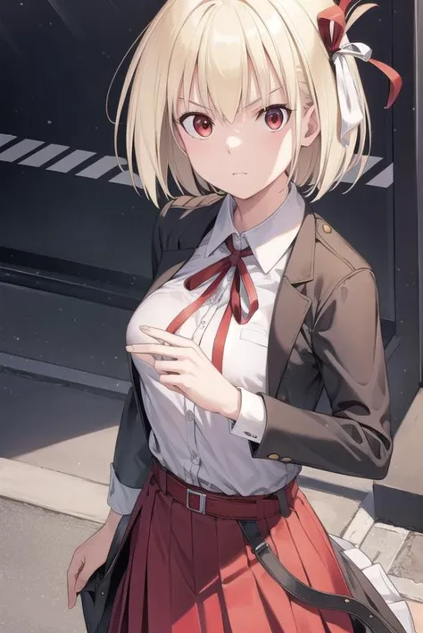 chisatonishikigi, <lyco:chisatonishikigichickeiii-lyco-nochekaiser:1>, 
nishikigi chisato, short hair, bangs, blonde hair, (red eyes:1.5), hair ribbon, one side up, bob cut,
BREAK shirt, long sleeves, dress, ribbon, white shirt, collared shirt, belt, neck ribbon, red dress, blue ribbon, pleated dress, red belt, lycoris uniform,
BREAK outdoors, city,
BREAK looking at viewer, (cowboy shot:1.5),
BREAK <lyco:GoodHands-beta2:1>, (masterpiece:1.2), best quality, high resolution, unity 8k wallpaper, (illustration:0.8), (beautiful detailed eyes:1.6), extremely detailed face, perfect lighting, extremely detailed CG, (perfect hands, perfect anatomy),