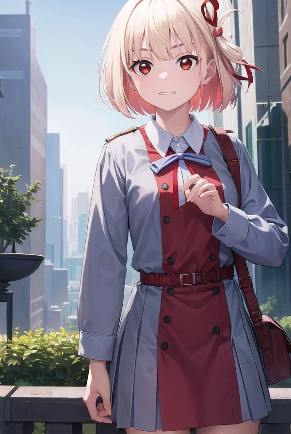 chisatonishikigi, <lyco:chisatonishikigi-lyco-nochekaiser:1>,
nishikigi chisato, short hair, bangs, blonde hair, (red eyes:1.5), hair ribbon, one side up, bob cut, <lora:talkmouth_I_v100:1>,
BREAK shirt, long sleeves, dress, ribbon, white shirt, collared shirt, belt, neck ribbon, red dress, blue ribbon, pleated dress, grey dress, two-tone dress, red belt, lycoris uniform,
BREAK outdoors, city,
BREAK looking at viewer, (cowboy shot:1.5),
BREAK <lyco:GoodHands-beta2:1>, (masterpiece:1.2), best quality, high resolution, unity 8k wallpaper, (illustration:0.8), (beautiful detailed eyes:1.6), extremely detailed face, perfect lighting, extremely detailed CG, (perfect hands, perfect anatomy),