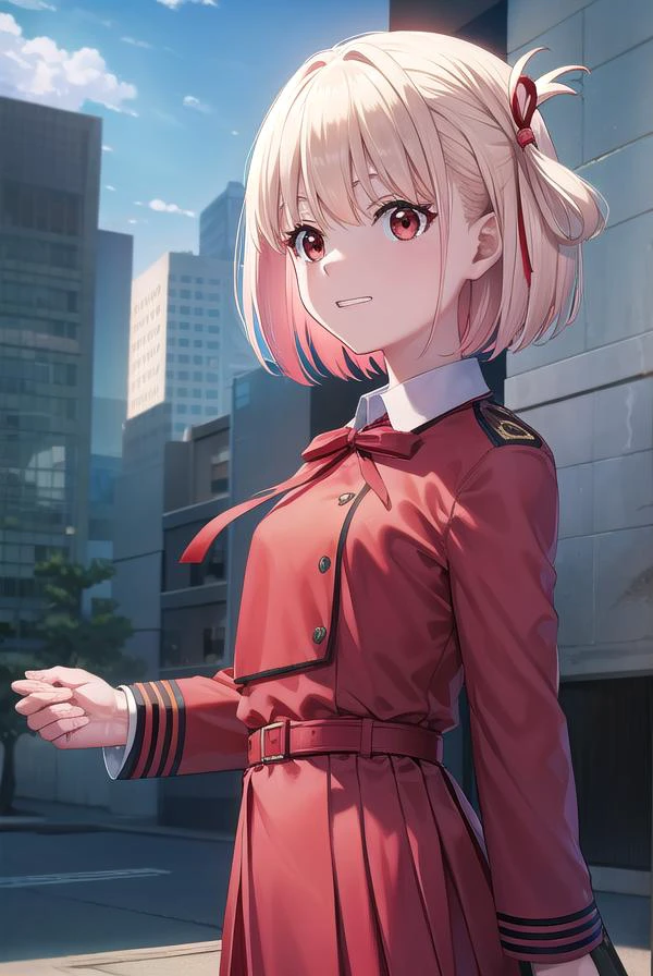 chisatonishikigi, <lyco:chisatonishikigi-lyco-nochekaiser:1>,
nishikigi chisato, short hair, bangs, blonde hair, (red eyes:1.5), hair ribbon, one side up, bob cut, <lora:talkmouth_I_v100:1>,
BREAK shirt, long sleeves, dress, ribbon, white shirt, collared shirt, belt, neck ribbon, red dress, blue ribbon, pleated dress, grey dress, two-tone dress, red belt, lycoris uniform,
BREAK outdoors, city,
BREAK looking at viewer, (cowboy shot:1.5),
BREAK <lyco:GoodHands-beta2:1>, (masterpiece:1.2), best quality, high resolution, unity 8k wallpaper, (illustration:0.8), (beautiful detailed eyes:1.6), extremely detailed face, perfect lighting, extremely detailed CG, (perfect hands, perfect anatomy),