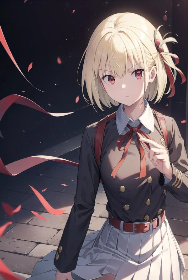 chisatonishikigi, <lyco:chisatonishikigichickeiii-lyco-nochekaiser:1>,
nishikigi chisato, short hair, bangs, blonde hair, (red eyes:1.5), hair ribbon, one side up, bob cut,
BREAK shirt, long sleeves, dress, ribbon, white shirt, collared shirt, belt, neck ribbon, red dress, blue ribbon, pleated dress, red belt, lycoris uniform,
BREAK outdoors, city,
BREAK looking at viewer, (cowboy shot:1.5),
BREAK <lyco:GoodHands-beta2:1>, (masterpiece:1.2), best quality, high resolution, unity 8k wallpaper, (illustration:0.8), (beautiful detailed eyes:1.6), extremely detailed face, perfect lighting, extremely detailed CG, (perfect hands, perfect anatomy),
