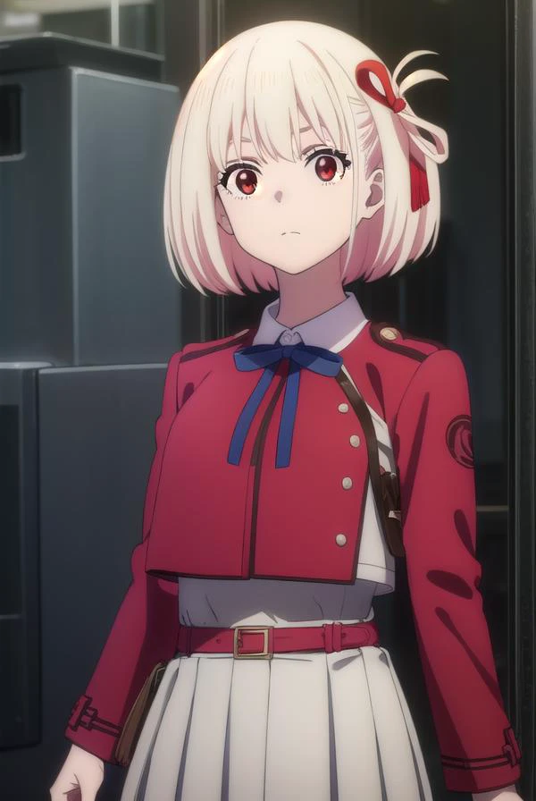 chisatonishikigi, <lyco:chisatonishikigis1-lyco-nochekaiser:1>, 
chisato nishikigi, short hair, bangs, blonde hair, (red eyes:1.5), hair ribbon, one side up, bob cut,
BREAK shirt, long sleeves, dress, ribbon, white shirt, collared shirt, belt, neck ribbon, red dress, blue ribbon, pleated dress, grey dress, two-tone dress, red belt, lycoris uniform,
BREAK outdoors, city,
BREAK looking at viewer, (cowboy shot:1.5),
BREAK <lyco:GoodHands-beta2:1>, (masterpiece:1.2), best quality, high resolution, unity 8k wallpaper, (illustration:0.8), (beautiful detailed eyes:1.6), extremely detailed face, perfect lighting, extremely detailed CG, (perfect hands, perfect anatomy),