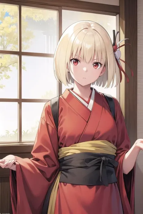 chisatonishikigi, <lyco:chisatonishikigichickeiii-lyco-nochekaiser:1>, 
nishikigi chisato, short hair, bangs, blonde hair, (red eyes:1.5), hair ribbon, one side up, bob cut,
BREAK japanese clothes, kimono, apron, red ribbon, waitress, red kimono,
BREAK indoors, cafe,
BREAK looking at viewer, (cowboy shot:1.5),
BREAK <lyco:GoodHands-beta2:1>, (masterpiece:1.2), best quality, high resolution, unity 8k wallpaper, (illustration:0.8), (beautiful detailed eyes:1.6), extremely detailed face, perfect lighting, extremely detailed CG, (perfect hands, perfect anatomy),