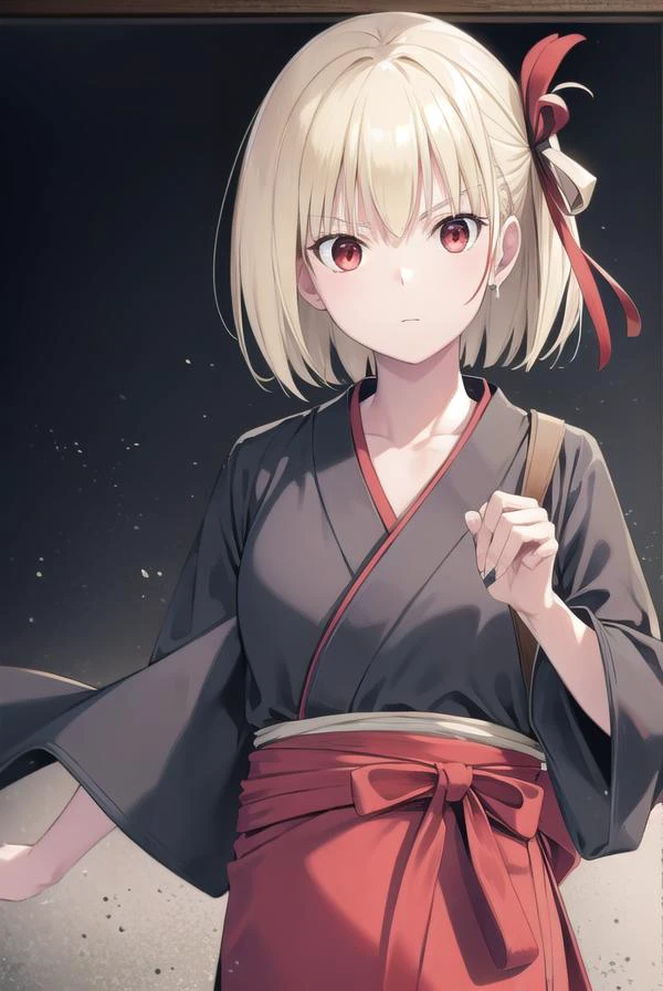 chisatonishikigi, <lyco:chisatonishikigichickeiii-lyco-nochekaiser:1>,
nishikigi chisato, short hair, bangs, blonde hair, (red eyes:1.5), hair ribbon, one side up, bob cut,
BREAK japanese clothes, kimono, apron, red ribbon, waitress, red kimono,
BREAK indoors, cafe,
BREAK looking at viewer, (cowboy shot:1.5),
BREAK <lyco:GoodHands-beta2:1>, (masterpiece:1.2), best quality, high resolution, unity 8k wallpaper, (illustration:0.8), (beautiful detailed eyes:1.6), extremely detailed face, perfect lighting, extremely detailed CG, (perfect hands, perfect anatomy),