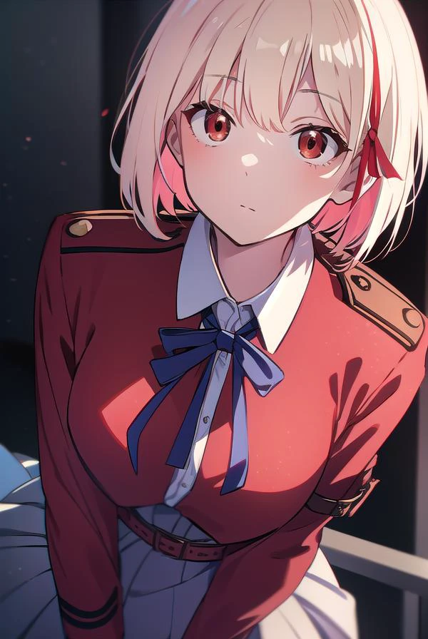 chisatonishikigi, <lyco:chisatonishikigi-LYCORIStest:1>,
nishikigi chisato, short hair, bangs, blonde hair, (red eyes:1.5), hair ribbon, one side up, bob cut,
BREAK shirt, long sleeves, dress, ribbon, white shirt, collared shirt, belt, neck ribbon, red dress, blue ribbon, pleated dress, grey dress, two-tone dress, red belt, lycoris uniform,
BREAK outdoors, city,
BREAK looking at viewer, BREAK <lora:GoodHands-vanilla:1>, (masterpiece:1.2), best quality, high resolution, unity 8k wallpaper, (illustration:0.8), (beautiful detailed eyes:1.6), extremely detailed face, perfect lighting, extremely detailed CG, (perfect hands, perfect anatomy),