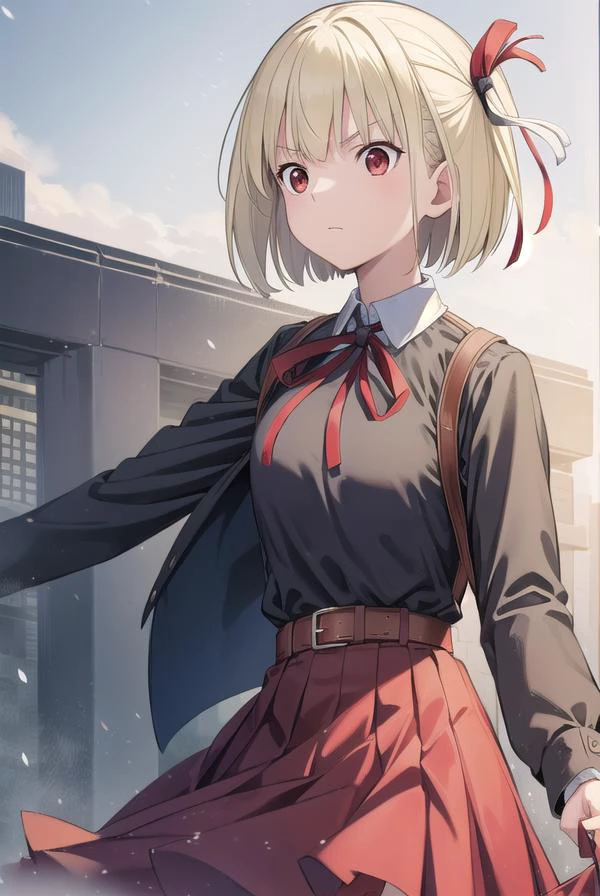 chisatonishikigi, <lyco:chisatonishikigichickeiii-lyco-nochekaiser:1>,
nishikigi chisato, short hair, bangs, blonde hair, (red eyes:1.5), hair ribbon, one side up, bob cut,
BREAK shirt, long sleeves, dress, ribbon, white shirt, collared shirt, belt, neck ribbon, red dress, blue ribbon, pleated dress, red belt, lycoris uniform,
BREAK outdoors, city,
BREAK looking at viewer, (cowboy shot:1.5),
BREAK <lyco:GoodHands-beta2:1>, (masterpiece:1.2), best quality, high resolution, unity 8k wallpaper, (illustration:0.8), (beautiful detailed eyes:1.6), extremely detailed face, perfect lighting, extremely detailed CG, (perfect hands, perfect anatomy),