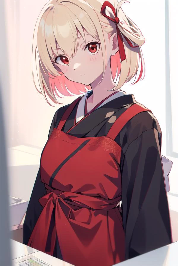 chisatonishikigi, <lyco:chisatonishikigi-LYCORIStest:1>,
nishikigi chisato, short hair, bangs, blonde hair, (red eyes:1.5), hair ribbon, one side up, bob cut,
BREAK japanese clothes, kimono, apron, red ribbon, waitress, red kimono,
BREAK indoors,
BREAK looking at viewer, BREAK <lora:GoodHands-vanilla:1>, (masterpiece:1.2), best quality, high resolution, unity 8k wallpaper, (illustration:0.8), (beautiful detailed eyes:1.6), extremely detailed face, perfect lighting, extremely detailed CG, (perfect hands, perfect anatomy),