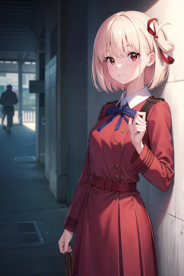 chisatonishikigi, <lyco:chisatonishikigi-lyco-nochekaiser:1>,
nishikigi chisato, short hair, bangs, blonde hair, (red eyes:1.5), hair ribbon, one side up, bob cut, <lora:talkmouth_I_v100:1>,
BREAK shirt, long sleeves, dress, ribbon, white shirt, collared shirt, belt, neck ribbon, red dress, blue ribbon, pleated dress, grey dress, two-tone dress, red belt, lycoris uniform,
BREAK outdoors, city,
BREAK looking at viewer, (cowboy shot:1.5),
BREAK <lyco:GoodHands-beta2:1>, (masterpiece:1.2), best quality, high resolution, unity 8k wallpaper, (illustration:0.8), (beautiful detailed eyes:1.6), extremely detailed face, perfect lighting, extremely detailed CG, (perfect hands, perfect anatomy),