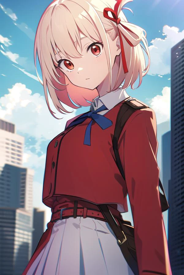 chisatonishikigi, <lyco:chisatonishikigi-LYCORIStest:1>,
nishikigi chisato, short hair, bangs, blonde hair, (red eyes:1.5), hair ribbon, one side up, bob cut,
BREAK shirt, long sleeves, dress, ribbon, white shirt, collared shirt, belt, neck ribbon, red dress, blue ribbon, pleated dress, grey dress, two-tone dress, red belt, lycoris uniform,
BREAK outdoors, city,
BREAK looking at viewer, BREAK <lora:GoodHands-vanilla:1>, (masterpiece:1.2), best quality, high resolution, unity 8k wallpaper, (illustration:0.8), (beautiful detailed eyes:1.6), extremely detailed face, perfect lighting, extremely detailed CG, (perfect hands, perfect anatomy),