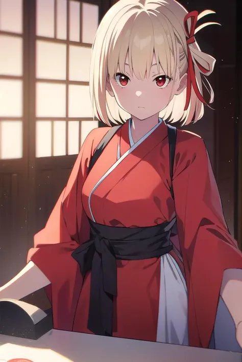 chisatonishikigi, <lyco:chisatonishikigi-LYCORIStest:1>, 
nishikigi chisato, short hair, bangs, blonde hair, (red eyes:1.5), hair ribbon, one side up, bob cut,
BREAK japanese clothes, kimono, apron, red ribbon, waitress, red kimono,
BREAK indoors,
BREAK looking at viewer, BREAK <lora:GoodHands-vanilla:1>, (masterpiece:1.2), best quality, high resolution, unity 8k wallpaper, (illustration:0.8), (beautiful detailed eyes:1.6), extremely detailed face, perfect lighting, extremely detailed CG, (perfect hands, perfect anatomy),