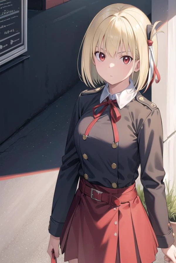 chisatonishikigi, <lyco:chisatonishikigichickeiii-lyco-nochekaiser:1>,
nishikigi chisato, short hair, bangs, blonde hair, (red eyes:1.5), hair ribbon, one side up, bob cut,
BREAK shirt, long sleeves, dress, ribbon, white shirt, collared shirt, belt, neck ribbon, red dress, blue ribbon, pleated dress, red belt, lycoris uniform,
BREAK outdoors, city,
BREAK looking at viewer, (cowboy shot:1.5),
BREAK <lyco:GoodHands-beta2:1>, (masterpiece:1.2), best quality, high resolution, unity 8k wallpaper, (illustration:0.8), (beautiful detailed eyes:1.6), extremely detailed face, perfect lighting, extremely detailed CG, (perfect hands, perfect anatomy),