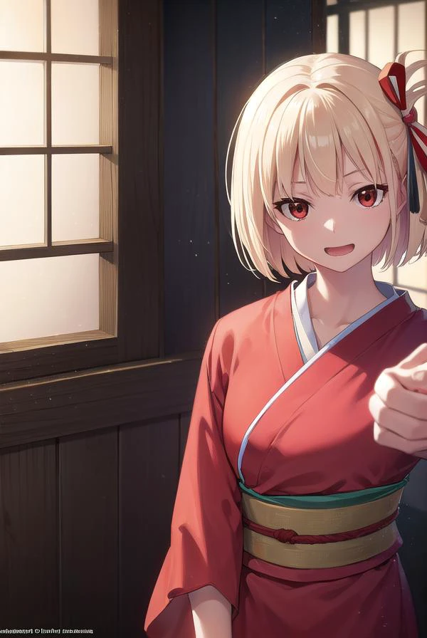 chisatonishikigi, <lyco:chisatonishikigi-lyco-nochekaiser:1>,
nishikigi chisato, short hair, bangs, blonde hair, (red eyes:1.5), hair ribbon, one side up, bob cut, <lora:smirkingeye_v100:1>, <lora:smirkingmouth_v100:1> open mouth, smile,
BREAK japanese clothes, kimono, apron, red ribbon, waitress, red kimono,
BREAK indoors, cafe,
BREAK looking at viewer, (cowboy shot:1.5),
BREAK <lyco:GoodHands-beta2:1>, (masterpiece:1.2), best quality, high resolution, unity 8k wallpaper, (illustration:0.8), (beautiful detailed eyes:1.6), extremely detailed face, perfect lighting, extremely detailed CG, (perfect hands, perfect anatomy),