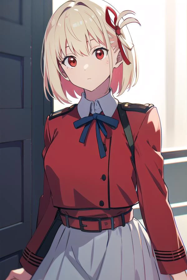 chisatonishikigi, <lyco:chisatonishikigi-LYCORIStest:1>,
nishikigi chisato, short hair, bangs, blonde hair, (red eyes:1.5), hair ribbon, one side up, bob cut,
BREAK shirt, long sleeves, dress, ribbon, white shirt, collared shirt, belt, neck ribbon, red dress, blue ribbon, pleated dress, grey dress, two-tone dress, red belt, lycoris uniform,
BREAK outdoors, city,
BREAK looking at viewer, BREAK <lora:GoodHands-vanilla:1>, (masterpiece:1.2), best quality, high resolution, unity 8k wallpaper, (illustration:0.8), (beautiful detailed eyes:1.6), extremely detailed face, perfect lighting, extremely detailed CG, (perfect hands, perfect anatomy),