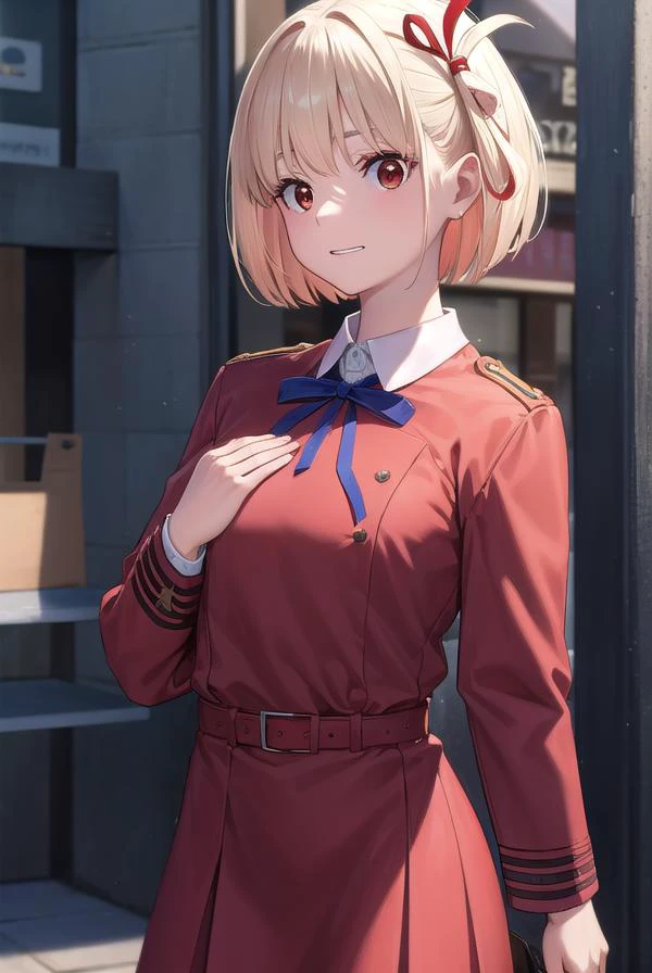chisatonishikigi, <lyco:chisatonishikigi-lyco-nochekaiser:1>,
nishikigi chisato, short hair, bangs, blonde hair, (red eyes:1.5), hair ribbon, one side up, bob cut, <lora:talkmouth_I_v100:1>,
BREAK shirt, long sleeves, dress, ribbon, white shirt, collared shirt, belt, neck ribbon, red dress, blue ribbon, pleated dress, grey dress, two-tone dress, red belt, lycoris uniform,
BREAK outdoors, city,
BREAK looking at viewer, (cowboy shot:1.5),
BREAK <lyco:GoodHands-beta2:1>, (masterpiece:1.2), best quality, high resolution, unity 8k wallpaper, (illustration:0.8), (beautiful detailed eyes:1.6), extremely detailed face, perfect lighting, extremely detailed CG, (perfect hands, perfect anatomy),