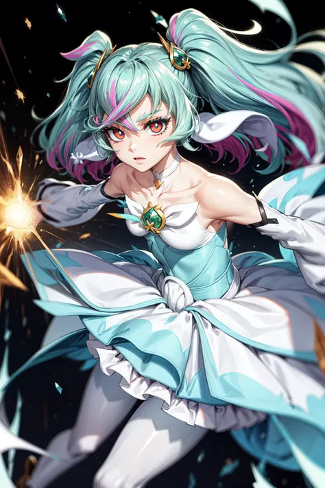 masterpiece,best quality,1girl,cure supreme,multicolored eyes,multicolored hair,arm warmers,white dress,culottes,white legwear,white pantyhose,eyelashes,(eyeliner,eyeshadow),hair ornament,high heels,white choker,brooch,two side up,gem,(green gem),animal ears,detached sleeves,expressionless,fighting stance,action pose,attack,incoming attack,(motion lines,motion blur),blast,energy,cowboy shot,<lora:locon_cure_supreme_01:0.9>,<lora:Concept-control tool-add_detail-CyberAIchemist:0.9>,