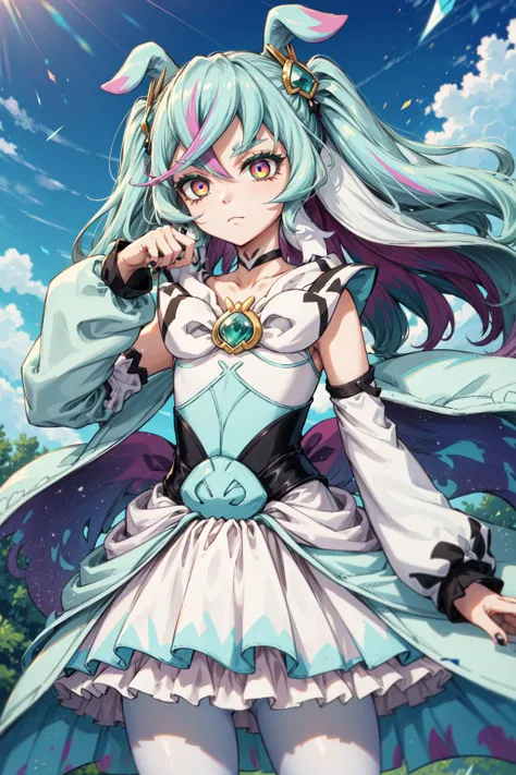 masterpiece,best quality,1girl,cure supreme,multicolored hair,arm warmers,white dress,culottes,white legwear,white pantyhose,eyelashes,(eyeliner,eyeshadow),hair ornament,white choker,brooch,two side up,gem,(green gem),animal ears,detached sleeves,nail polish,expressionless,looking to the side,(blue sky),light particles,cowboy shot,<lora:locon_cure_supreme_01:0.9>,