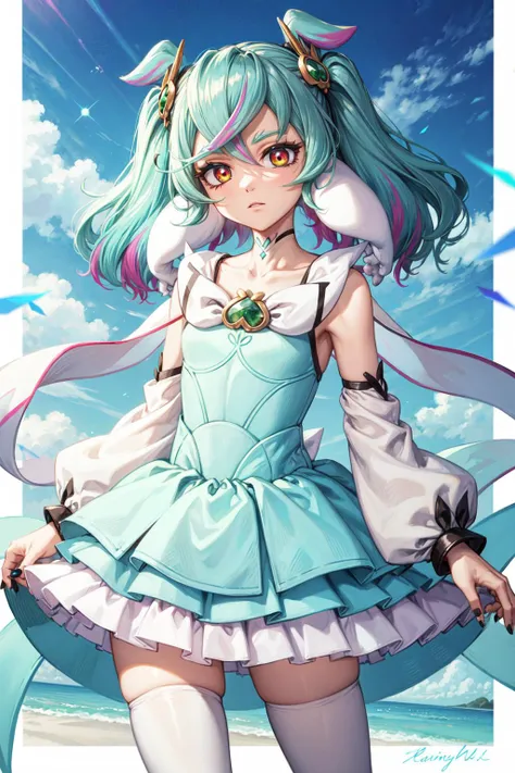 masterpiece,best quality,1girl,cure supreme,multicolored hair,arm warmers,white dress,culottes,white legwear,eyelashes,(eyeliner,eyeshadow),hair ornament,white choker,brooch,two side up,gem,(green gem),animal ears,detached sleeves,nail polish,expressionless,looking to the side,(blue sky),light particles,cowboy shot,<lora:locon_cure_supreme_01:0.9>,<lora:Concept-control tool-add_detail-CyberAIchemist:0.8>,