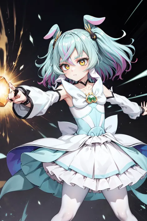 masterpiece,best quality,1girl,cure supreme,multicolored hair,arm warmers,white dress,culottes,white legwear,white pantyhose,eyelashes,(eyeliner,eyeshadow),hair ornament,high heels,white choker,brooch,two side up,gem,(green gem),animal ears,detached sleeves,expressionless,fighting stance,action pose,attack,incoming attack,(motion lines,motion blur),blast,energy,cowboy shot,<lora:locon_cure_supreme_01:0.9>,<lora:Concept-control tool-add_detail-CyberAIchemist:0.9>,