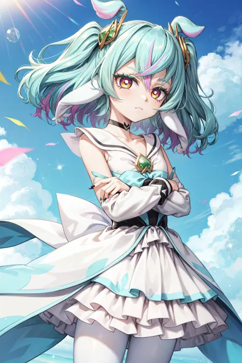 masterpiece,best quality,1girl,cure supreme,multicolored hair,arm warmers,white dress,culottes,white legwear,eyelashes,(eyeliner,eyeshadow),hair ornament,white choker,brooch,two side up,gem,(green gem),animal ears,detached sleeves,nail polish,expressionless,crossed arms,looking to the side,(blue sky),light particles,cowboy shot,<lora:locon_cure_supreme_01:0.9>,<lora:Concept-control tool-add_detail-CyberAIchemist:0.9>,