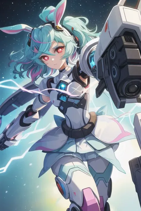 1girl, cure supreme hair, multicolored hair, armband, white dress, white legwear, eyelashes, animal ears, nail polish, cyberpunk, glowing eyes, robot arms, mechanical rabbit ear, plugsuit, glowing red eyes, closeup, blue electricity, serious, white mechanical body, mecha musume, arm cannon with electricity, top down camera angle, aiming arm cannon upwards