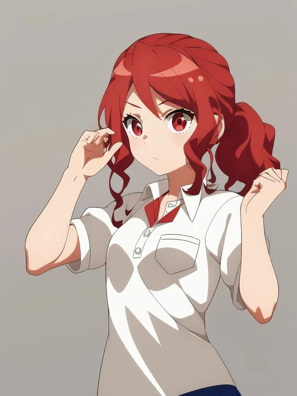 dynamic pose, 1girl, solo, looking at viewer, (masterpiece), perfect lighting, (beautiful, best quality:1.3), perfect eyes, absurdres, 8k, (light grey background), white background, simple background, <lora:hoshino_anzu_lora:0.7> , hoshino anzu, red hair, red eyes, low ponytail, cowboy shot, white shirt, collared shirt, blue skirt,