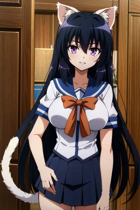 (best illustration),(absurdres),(best quality:1.1),uhd,8k,magnum opus,anime,anime coloring,smile,parted lips,solo,large breasts,<lora:OmaHimaStylev51:0.95>,catmodehimari,white cat ears,very long hair,white cat tail,black hair,purple eyes,hair between eyes,slit pupils,<lora:SF_School_Dress_By_Stable_Yogi:0.45> school uniform, bowtie, sailor collar, pleated skirt,
