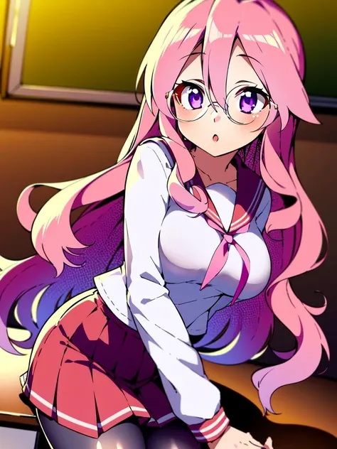 masterpiece, best quality, (1girl:1.2), solo, (medium breasts:1.2), miyuki takara, lucky star, pink hair, long hair, hair between eyes, long thick wavy pink hair, and fair skin with a slight pink tone, glasses, purple eyes, large eyeglasses, ((circle glasses:1.1)), sailor shirt, red skirt, pantyhose, white shirt, classroom <lora:miyukitakara:0.8>
