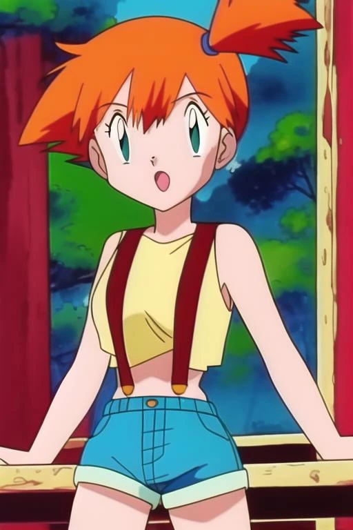 <lora:misty-10:1>, misty (pokemon), 1girl, solo, yellow shirt, sleeveless shirt, suspenders, denim shorts, outdoors