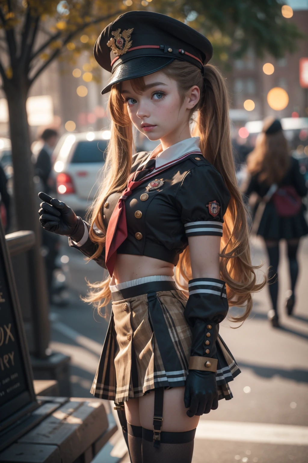 24 years old woman, Miranda, golden brown hair with two ponytails, pale skin , hat, serafuku, midriff, red neckerchief, pleated skirt, black gloves, black thighhighs, ttcolor, bokeh effect, <lora:miranda-nvwls-v1-final:0.5>. <lora:BokehMecha:0.35> <lora:beauty_eyes:0.2> <lora:perfecteyes-000007:0.35> <lora:ttcolor_v2:0.25> <lora:ilse2.2:0.36> <lora:microdress_v0.2:0.5>