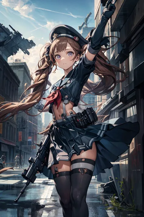 thick outlines, comics, photorealistic, masterpiece:1.2, 1girl, solo, dynamic pose, submachine gun, <lora:miranda-nvwls-v1:0.9>, miranda, hat, serafuku, midriff, suspenders, red neckerchief, pleated miniskirt, black gloves, black thighhighs, ruins, ruined buildings, dark clouds, dark atmosphere, detailed background, detailed face, detailed eyes, <lora:add_detail:0.7>