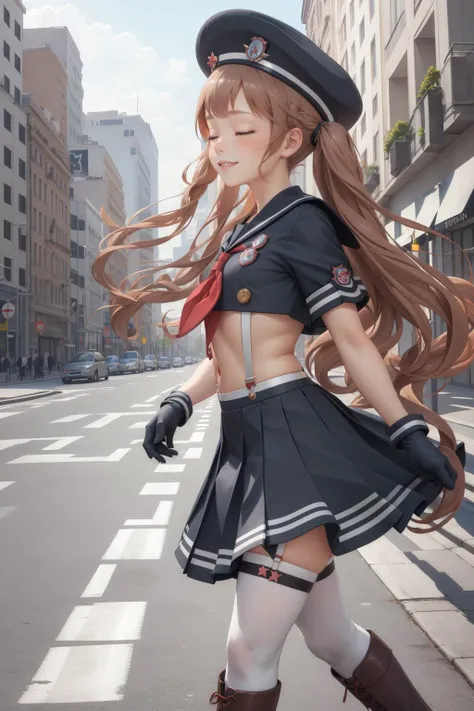 masterpiece, best quality, miranda, hat, serafuku, midriff, suspenders, red neckerchief, pleated skirt, black gloves, black thighhighs, boots, from side, walking, street, closed eyes, smile <lora:miranda-nvwls-v1-000010:0.9>
