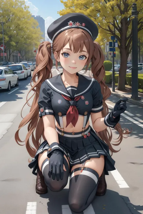 masterpiece, best quality, miranda, hat, serafuku, midriff, suspenders, red neckerchief, pleated skirt, black gloves, black thighhighs, thick thighs, cowboy shot, looking at viewer, smile, crouching, park, trees <lora:miranda-nvwls-v1-000010:0.9>