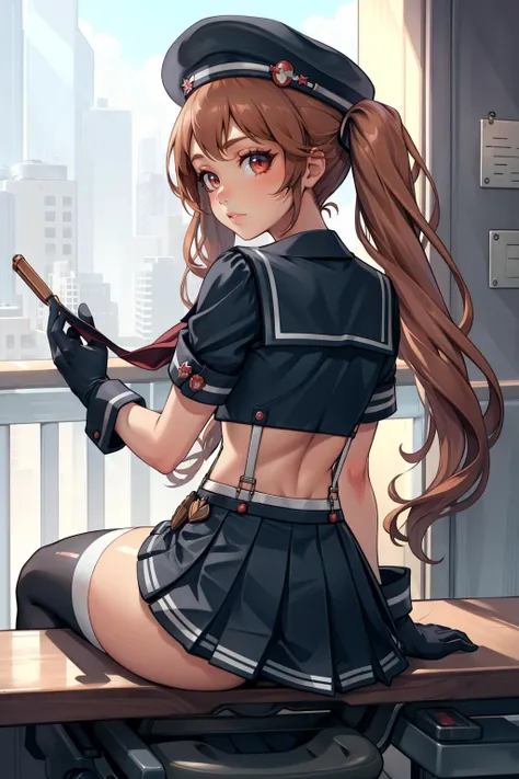 masterpiece, best quality, miranda, hat, serafuku, midriff, suspenders, red neckerchief, pleated miniskirt, black gloves, black thighhighs, from behind, sitting, looking at viewer, confused <lora:miranda-nvwls-v1-000010:0.9>