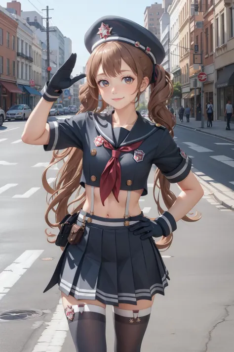 masterpiece, best quality, miranda, hat, serafuku, midriff, red neckerchief, pleated skirt, black gloves, black thighhighs, cowboy shot, looking at viewer, smile, city street, closed mouth, hand to hip, salute <lora:miranda-nvwls-v1-000010:0.9>