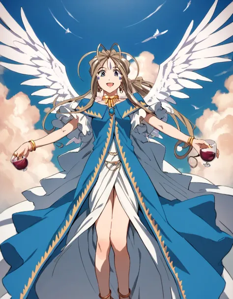 score_9, score_8_up, score_7_up, score_6_up, score_5_up, score_4_up, source_anime,  Belldandy, looking at viewer, smile, open mouth, dress, jewelry, earrings, wings, sky, choker, day, cloud, bracelet, cup, ring, outstretched arms, alcohol, drinking glass, angel wings, anklet, spread arms, wine glass, wine