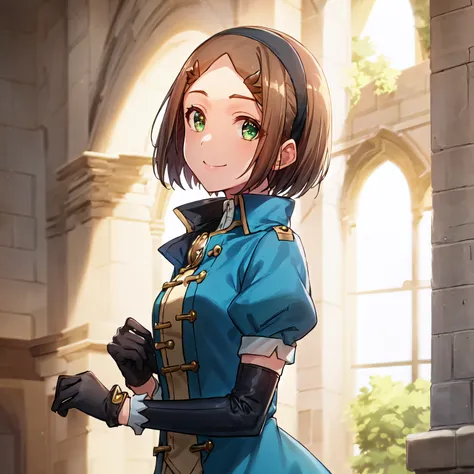 best quality, (masterpiece:1.2), highly detailed, castle, indoors,
1girl, solo, <lora:chara_GATEJietai_HamiltonUnoRor_v1:0.8>, hamilton uno ror,
standing, smile, looking at viewer, from angle,
green eyes, brown hair, short hair, hairband, (circlet:1.2), blue dress, (popped collar:1.6), short sleeves, puffy sleeves, elbow gloves, (black gloves:1.4)