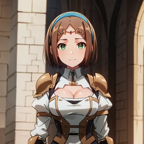 best quality, (masterpiece:1.2), highly detailed, castle,
1girl, solo, <lora:chara_GATEJietai_HamiltonUnoRor_v1:0.8>, hamilton uno ror,
standing, slight smile, looking at viewer, medium breasts,
green eyes, brown hair, short hair, hairband, (circlet:1.2), armor, cleavage cutout, white cape, black gloves
