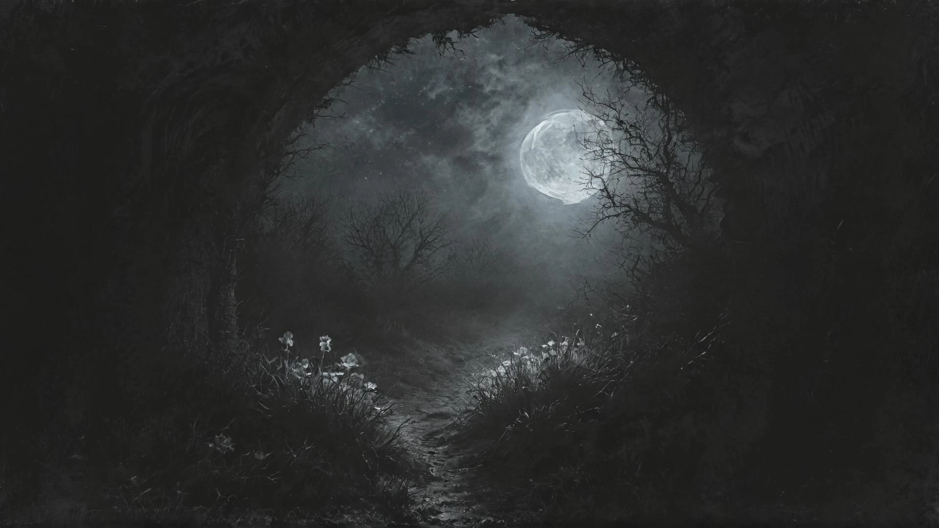 View of a big portal to another dimension with big dead flowers and big full moon through a keyhole, <lora:keyspy_v01_015_6epoches_000005:0.8>, <lora:Desolation:0.7>, <lora:- SDXL - letitflrsh_let_it_flourish_V1.0:0.9> letitflrsh