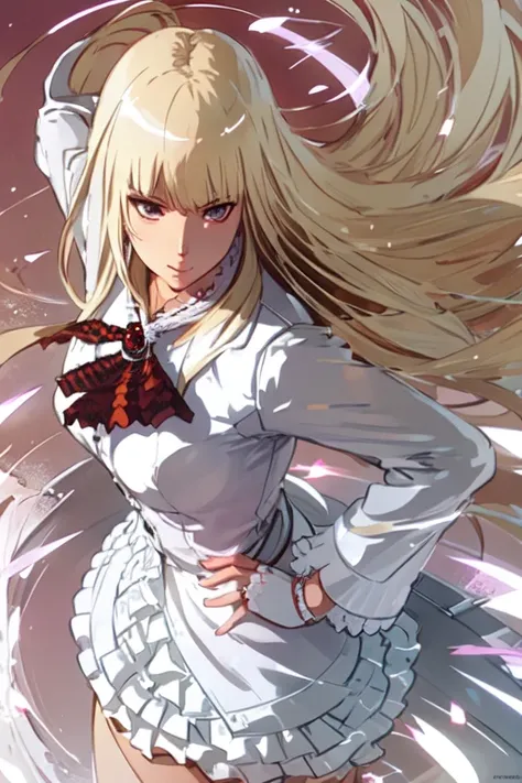A portrait of lilitkn in an action pose, top view, blonde, white outfit, solo, with dynamic movement and bold colors. illustration by Greg rutkowski, yoji shinkawa, 4k, digital art, concept art, trending on artstation