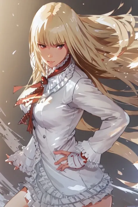 A portrait of lilitkn in an action pose, top view, blonde, white outfit, solo, with dynamic movement. illustration by Greg rutkowski, yoji shinkawa, 4k, digital art, concept art, trending on artstation