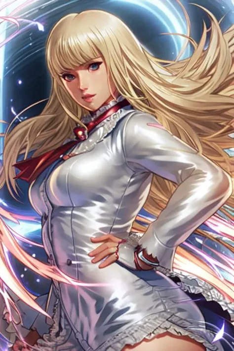 A portrait of lilitkn in an action pose,  blonde, white outfit, solo, with dynamic movement and bold colors. By Alex Ross, Jim Lee, or Jock.