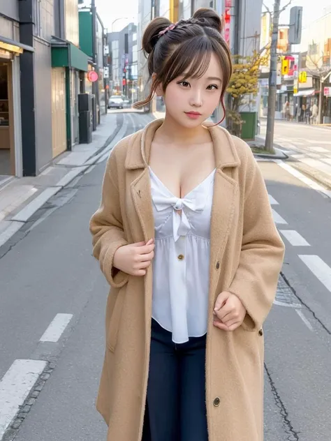 1girl, undress coat, exposed pussy, tokyo street, public indecency, look at viewer, embarrased, (SIGMA 85mm f1.4), nsfw, (depth of field:0.6), detailed photorealistic background, diffused natural sunlight, diffused natural skin glow, daytime, winter, pony tail, twin tail, braid ponytail, hair bun, ((flower hair ornament)), (((hair accessory))), tail_ribbon
